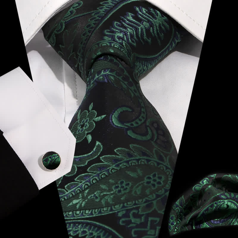 3Pcs Men's Mysterious Dark Green & Black Paisley Necktie Set