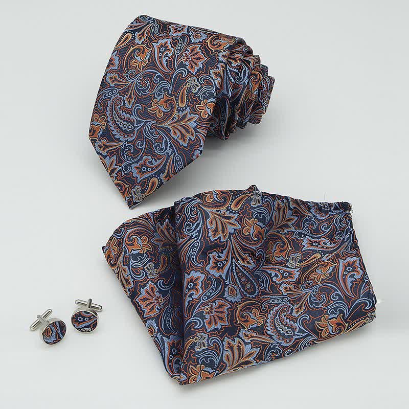 3Pcs Men's Beautiful Blue & Orange Paisley Necktie Set