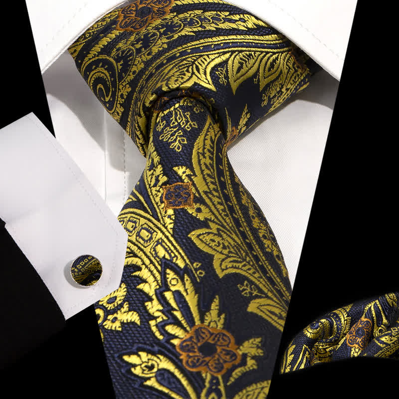 3Pcs Men's Yellow & Black Paisley Woven Flower Necktie Set