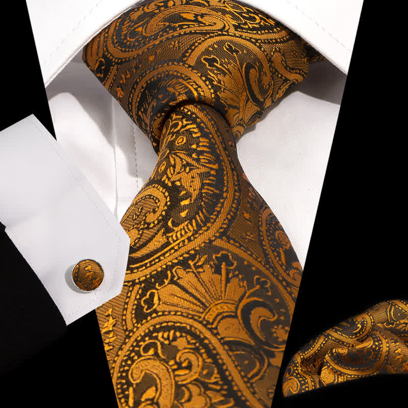 3Pcs Men's Luxurious Gold & Black Paisley Pattern Necktie Set