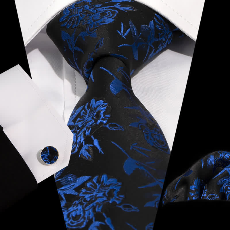 3Pcs Men's Royal Blue & Black Flower Leaves Necktie Set