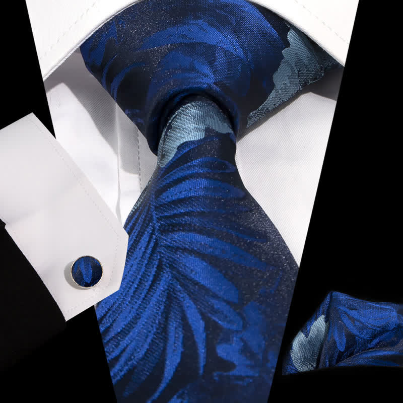 3Pcs Men's Classy Navy Blue & Sky Blue Flower Necktie Set