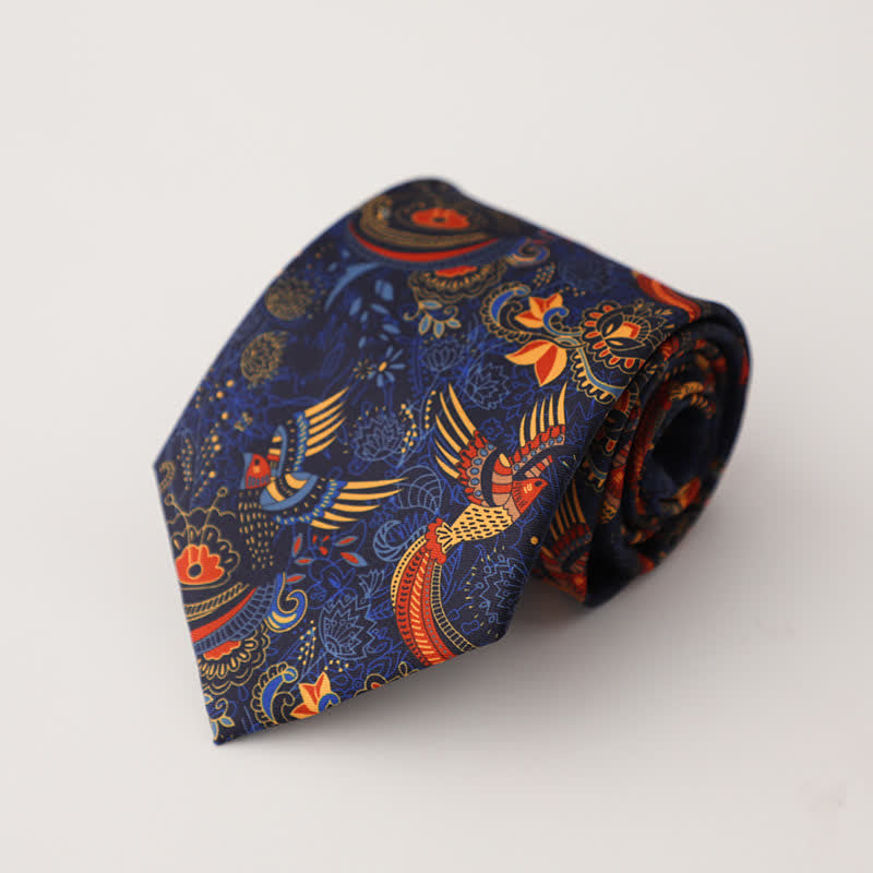 Men's Vibrant Navy Blue & Orange Birds Pattern Necktie