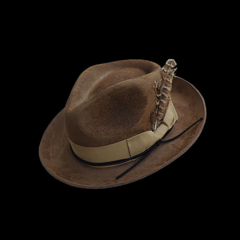 Camel Distressed Feather Decoration Felt Cowboy Hat