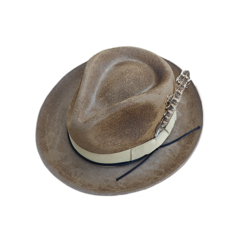 Camel Distressed Feather Decoration Felt Cowboy Hat