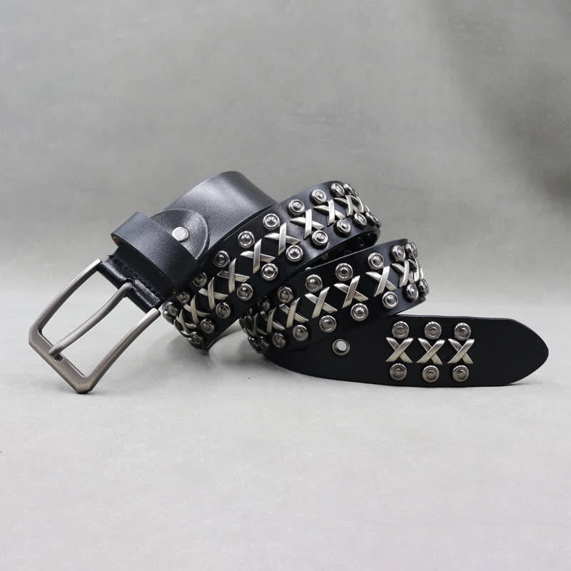 Cross & Circle 3 Row Punk Rock Studded Leather Belt