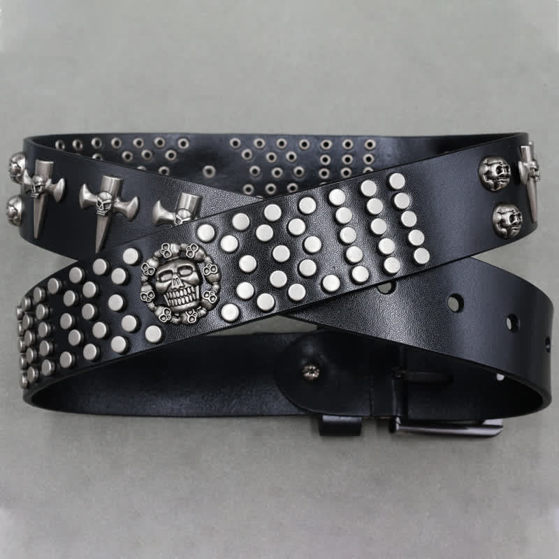 Cross & Skull 3 Row Punk Rock Studded Leather Belt