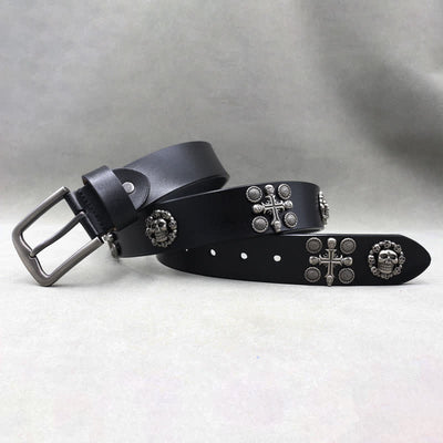 Metal Rivet Skull & Cross Pattern Studded Leather Belt