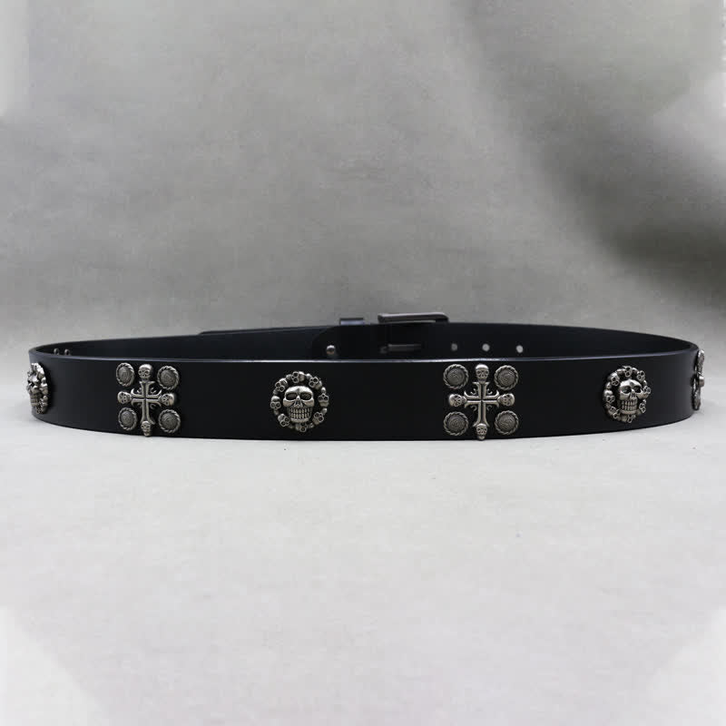 Metal Rivet Skull & Cross Pattern Studded Leather Belt