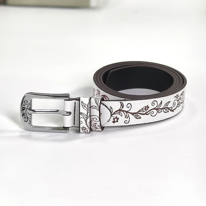 Women's Embossed Leaves Flowers Pattern Leather Belt