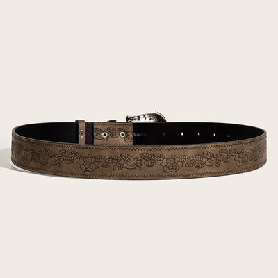 Women's Roses Leaves Embossed Pattern Leather Belt