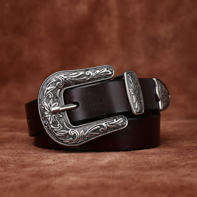 Retro Carved Buckle Western Style Narrow Leather Belt