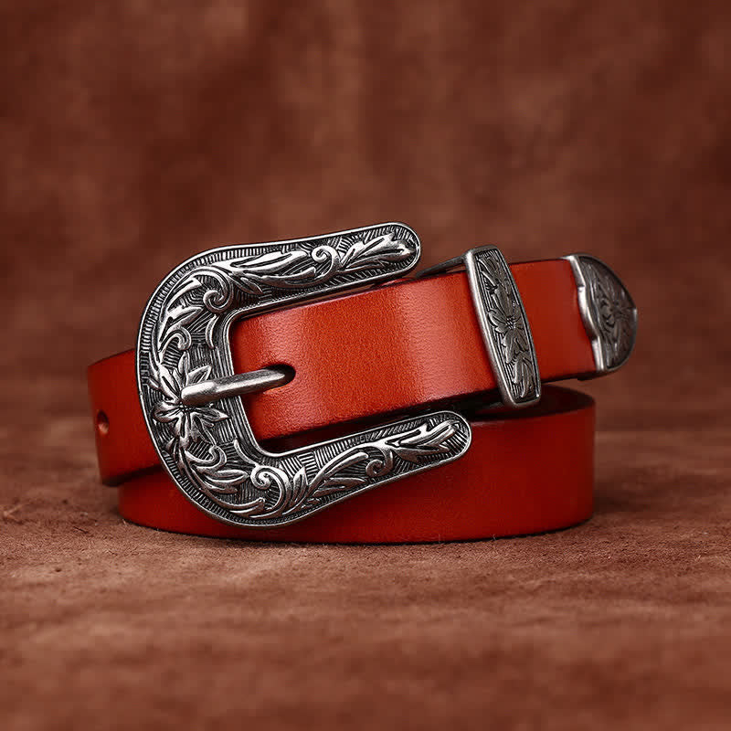 Retro Carved Buckle Western Style Narrow Leather Belt