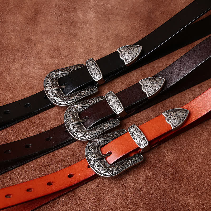 Retro Carved Buckle Western Style Narrow Leather Belt