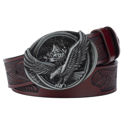 Men's Novelty Flying Eagle Buckle Carved Pattern Leather Belt