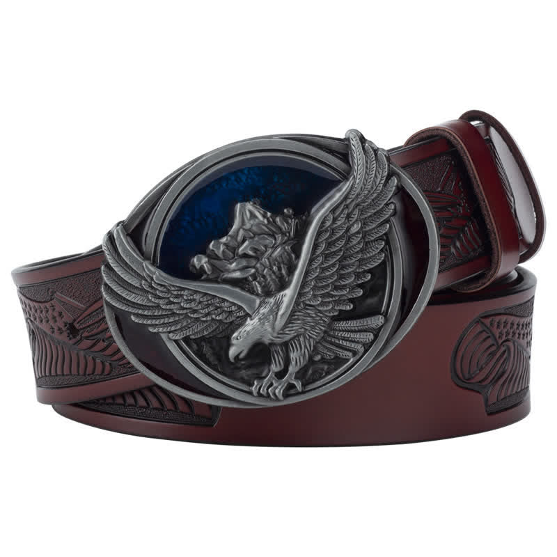 Men's Novelty Flying Eagle Buckle Carved Pattern Leather Belt