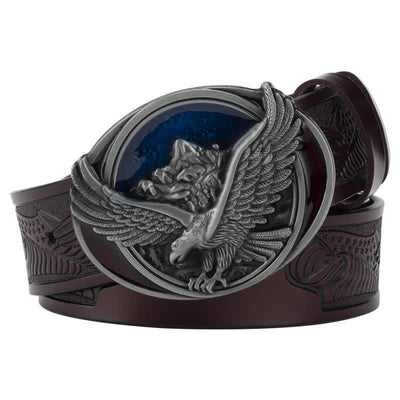 Men's Novelty Flying Eagle Buckle Carved Pattern Leather Belt