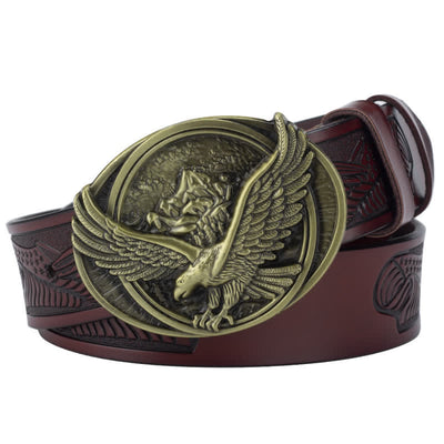 Men's Novelty Flying Eagle Buckle Carved Pattern Leather Belt