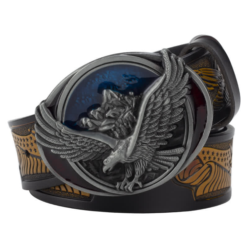 Men's Novelty Flying Eagle Buckle Carved Pattern Leather Belt