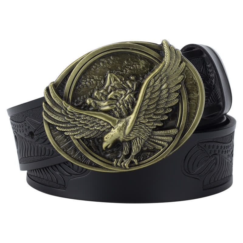 Men's Novelty Flying Eagle Buckle Carved Pattern Leather Belt