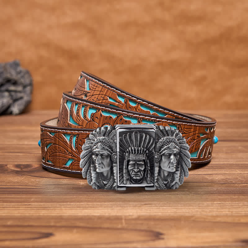 Men's DIY Indian Chief Head Leather Belt with Hidden Lighter