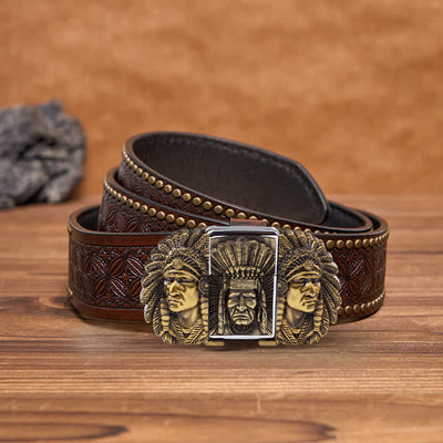 Men's DIY Indian Chief Head Leather Belt with Hidden Lighter