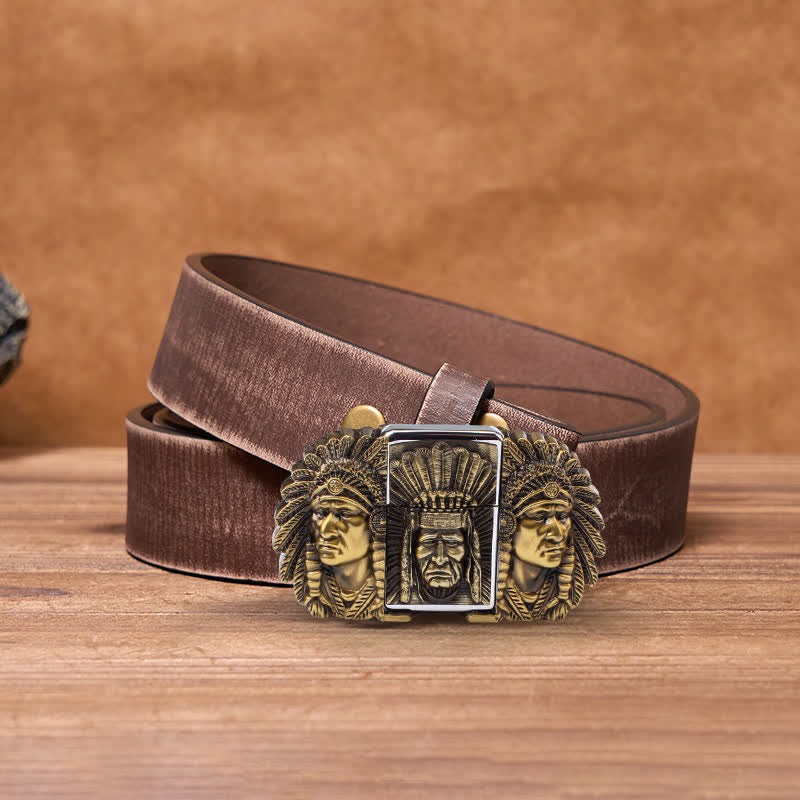 Men's DIY Indian Chief Head Leather Belt with Hidden Lighter