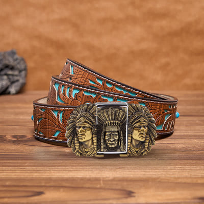 Men's DIY Indian Chief Head Leather Belt with Hidden Lighter