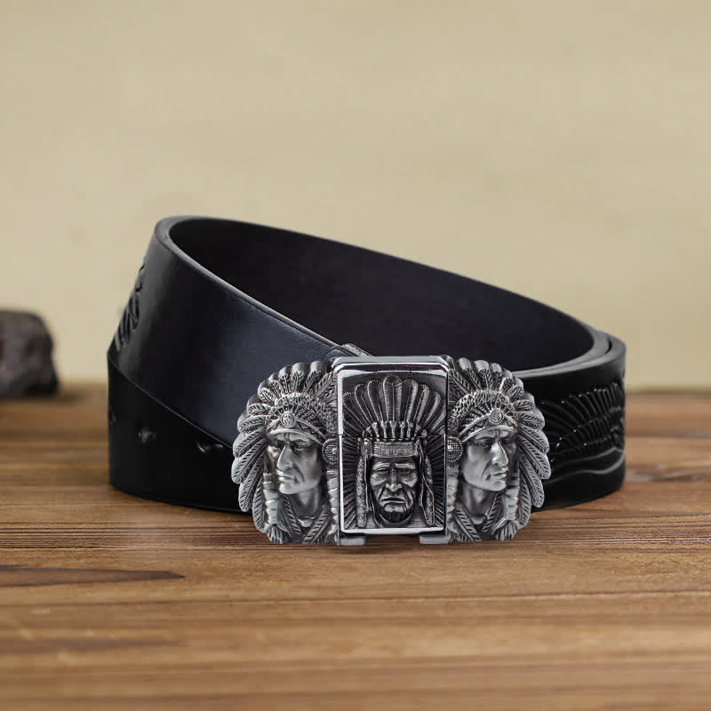 Men's DIY Indian Chief Head Leather Belt with Hidden Lighter