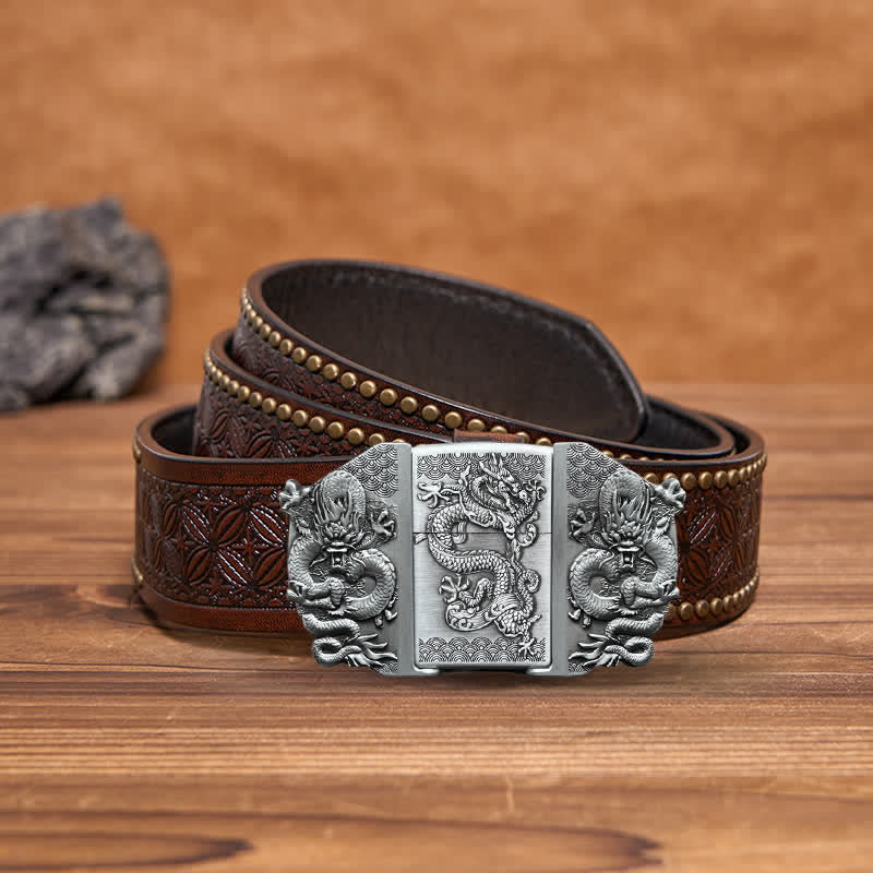 Men's DIY Triple Dragon Leather Belt with Hidden Lighter