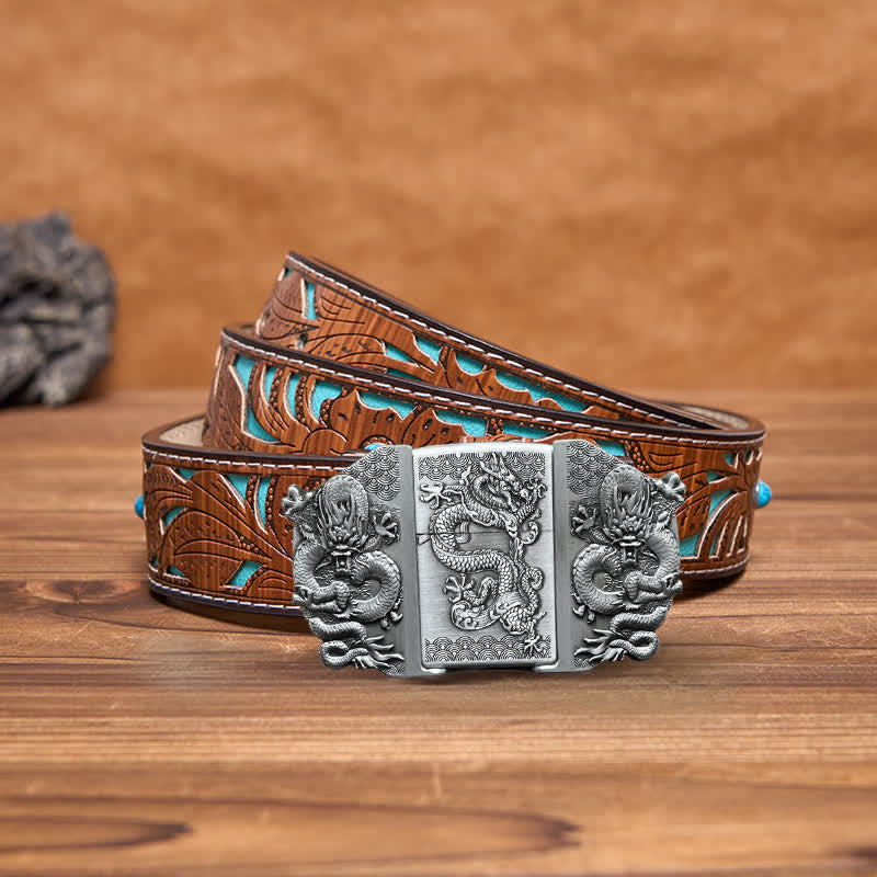 Men's DIY Triple Dragon Leather Belt with Hidden Lighter