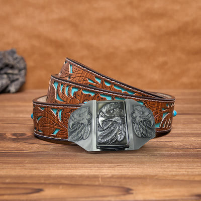 Men's DIY Silver Triple Eagle Leather Belt with Hidden Lighter