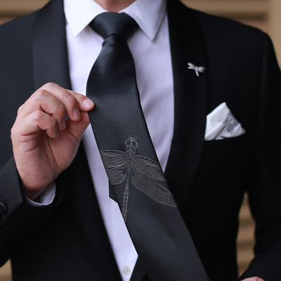 Men's Gentleman Dragonfly Pattern Black Necktie