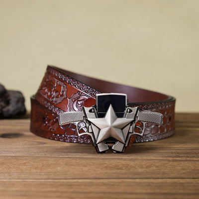 Men's DIY Dual Guns & Star Leather Belt with Hidden Lighter