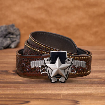 Men's DIY Dual Guns & Star Leather Belt with Hidden Lighter