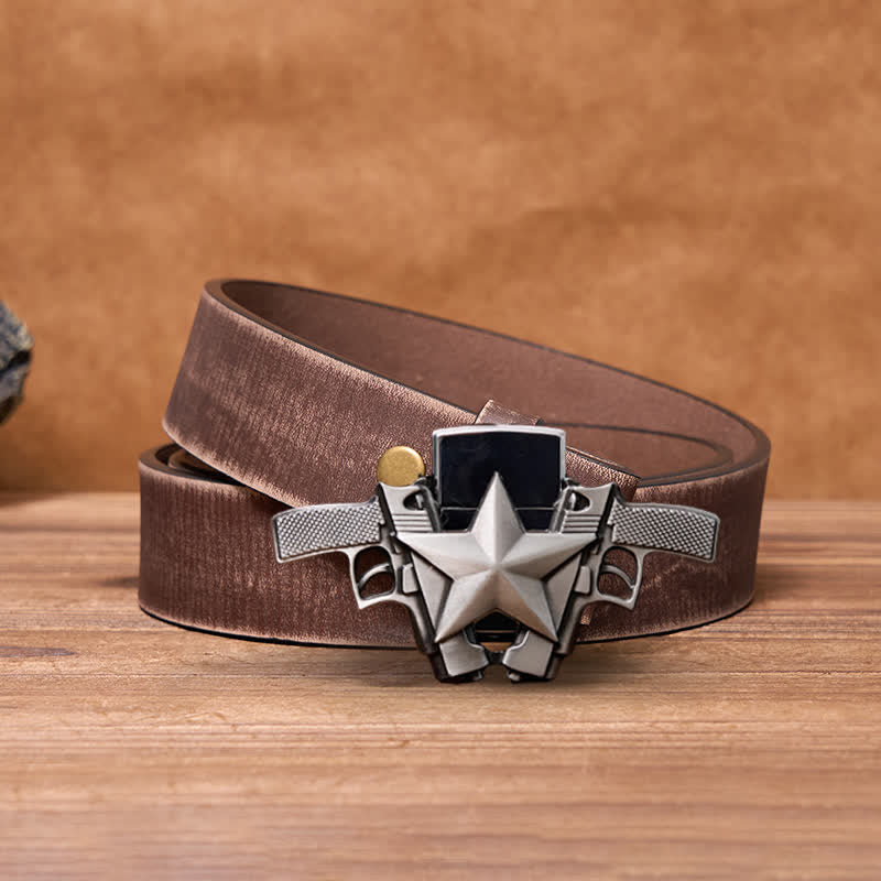 Men's DIY Dual Guns & Star Leather Belt with Hidden Lighter