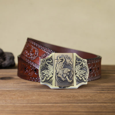 Men's DIY Bronze Triple Tiger Leather Belt with Hidden Lighter