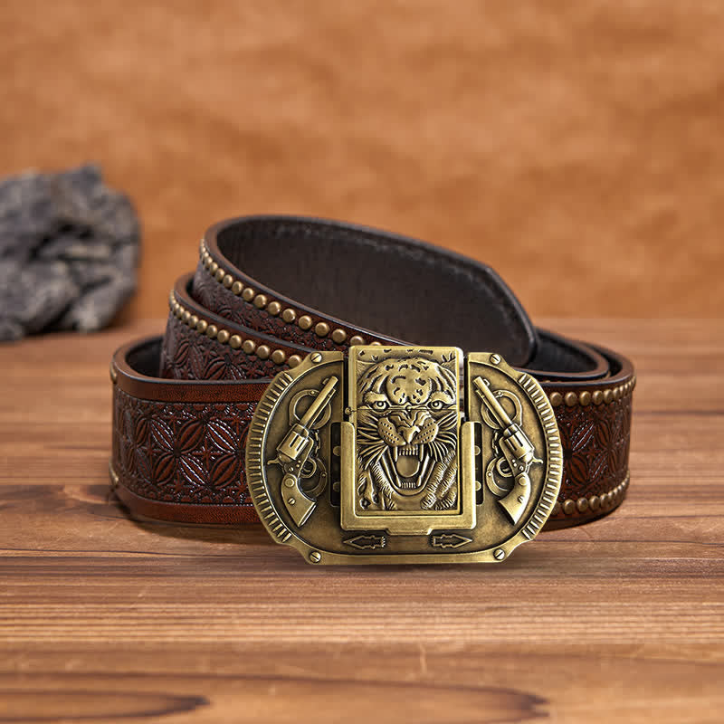 Men's DIY Bronze Tiger Wildlife Leather Belt with Hidden Lighter