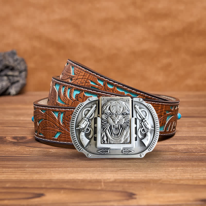 Men's DIY Silver Tiger Wildlife Leather Belt with Hidden Lighter