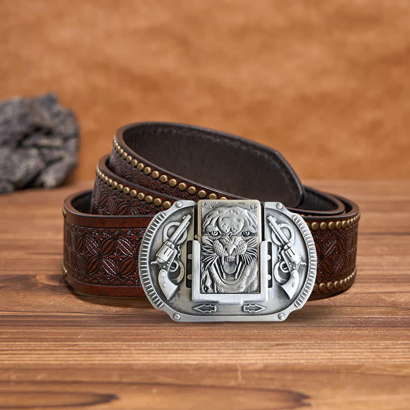 Men's DIY Silver Tiger Wildlife Leather Belt with Hidden Lighter