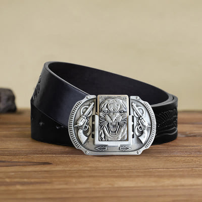 Men's DIY Silver Tiger Wildlife Leather Belt with Hidden Lighter