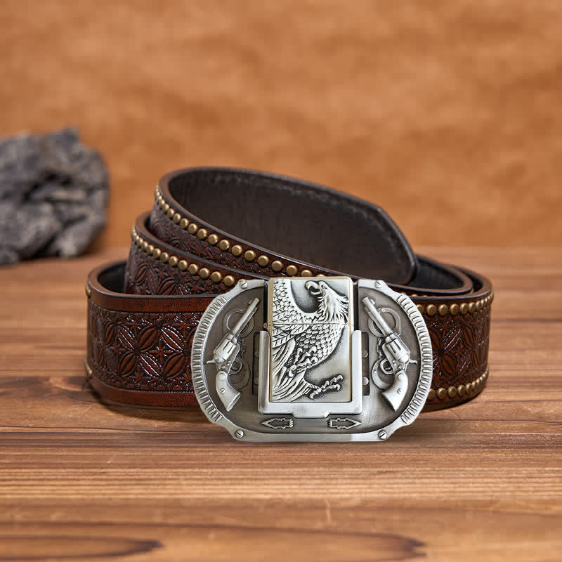 Men's DIY Silver Eagle Guns Leather Belt with Hidden Lighter