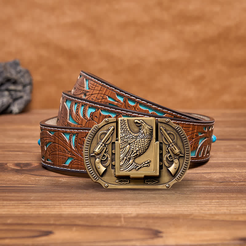 Men's DIY Bronze Eagle Guns Leather Belt with Hidden Lighter