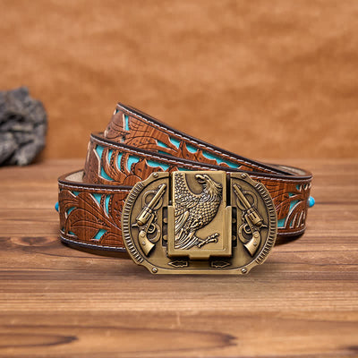 Men's DIY Bronze Eagle Guns Leather Belt with Hidden Lighter