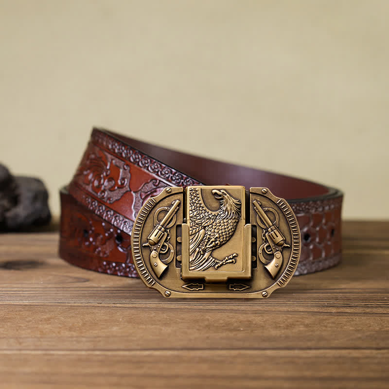 Men's DIY Bronze Eagle Guns Leather Belt with Hidden Lighter