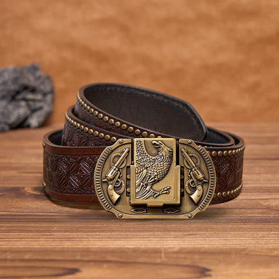 Men's DIY Bronze Eagle Guns Leather Belt with Hidden Lighter