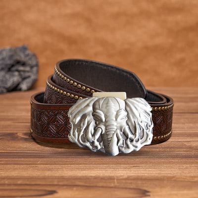 Men's DIY Silver Wildlife Elephant Leather Belt with Hidden Lighter