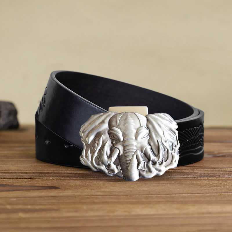 Men's DIY Silver Wildlife Elephant Leather Belt with Hidden Lighter