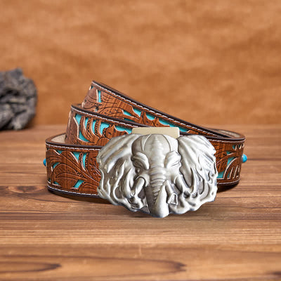 Men's DIY Silver Wildlife Elephant Leather Belt with Hidden Lighter