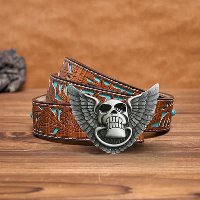 Men's DIY Skull Angel Wings Leather Belt with Hidden Lighter